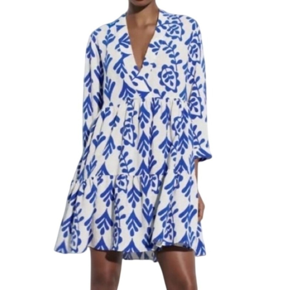 Zara Womens Small‎ Blue White Floral Print Tiered Mini Dress V-Neck Boho Artsy